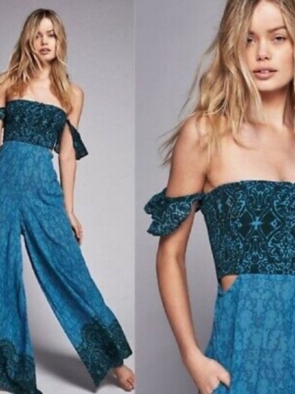 Free People NWOT Off Shoulder Bali Jumpsuit Boho Festival Size S in Teal - Picture 3 of 11